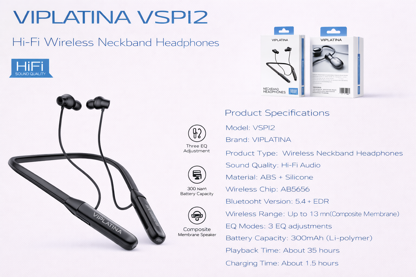 VIPLATINA VSPI2 Hi-Fi Wireless Neckband Headphones-Flash Zone Electronics فلاش زون للالكترونيات