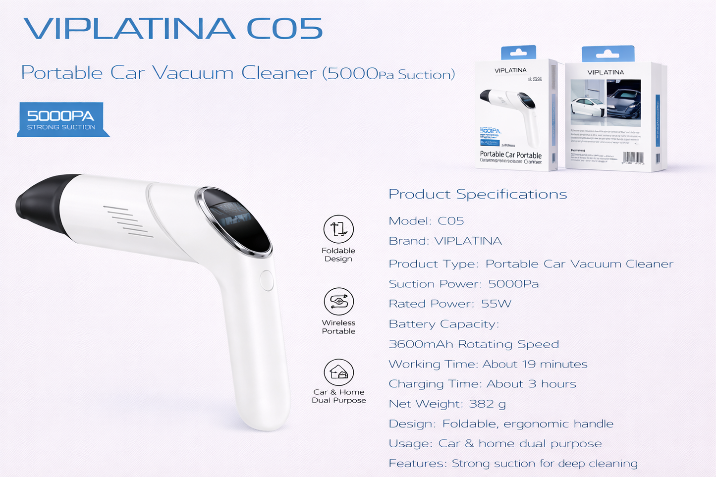 VIPLATINA C05 Portable Car Vacuum Cleaner (5000Pa Suction)-Flash Zone Electronics فلاش زون للالكترونيات