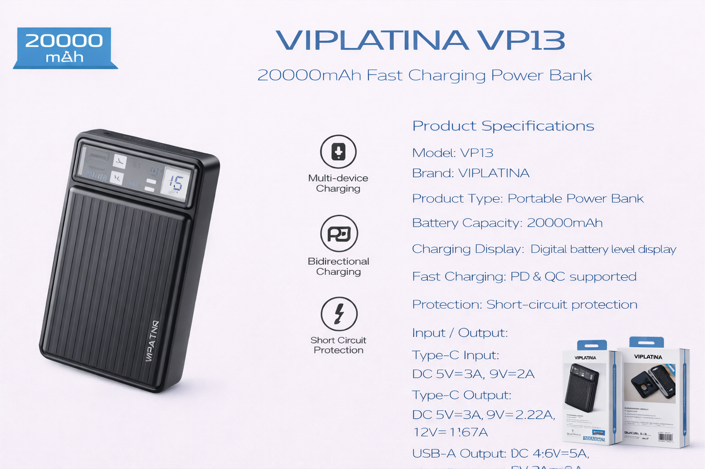VIPLATINA VP13 20000mAh Fast Charging Power Bank-Flash Zone Electronics فلاش زون للالكترونيات