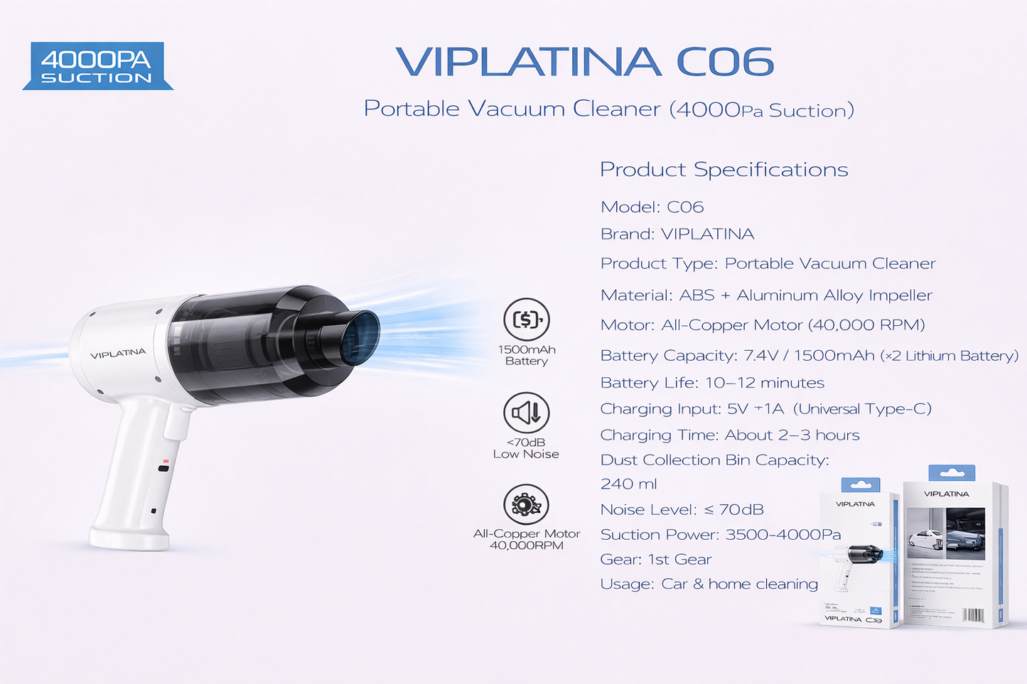 VIPLATINA C06 Portable Handheld Vacuum Cleaner (4000Pa Suction)-Flash Zone Electronics فلاش زون للالكترونيات