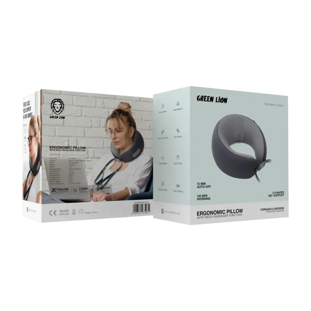 Green Lion Ergonomic Pillow with Neck Massager Function – Gray-Flash Zone Electronics فلاش زون للالكترونيات