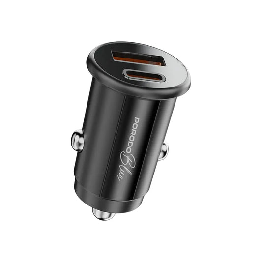 Porodo Blue Dual Port 36W Car Charger with Lightning Cable – USB-C & USB-A Ports, Fast Charging, Black-Flash Zone Electronics فلاش زون للالكترونيات