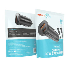 Load image into Gallery viewer, Porodo Blue Dual Port 36W Car Charger with Lightning Cable – USB-C & USB-A Ports, Fast Charging, Black-Flash Zone Electronics فلاش زون للالكترونيات