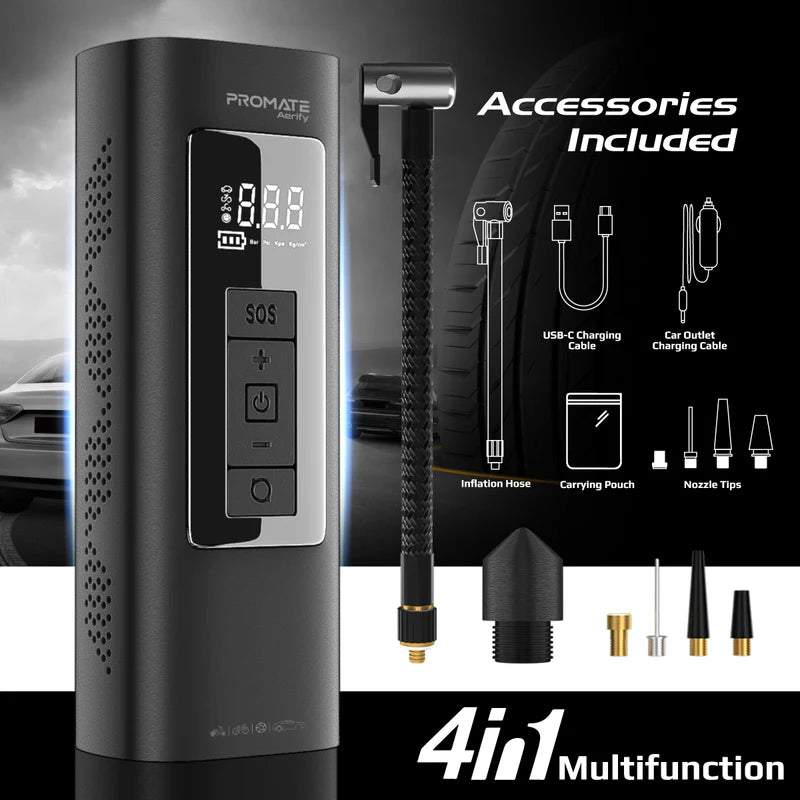 Promate Aerify 4-in-1 Portable Air Compressor & 6000 mAh Power Bank – 150 PSI Inflator with LED SOS Light & Safety Hammer-Flash Zone Electronics فلاش زون للالكترونيات