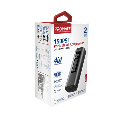 Promate Aerify 4-in-1 Portable Air Compressor & 6000 mAh Power Bank – 150 PSI Inflator with LED SOS Light & Safety Hammer-Flash Zone Electronics فلاش زون للالكترونيات