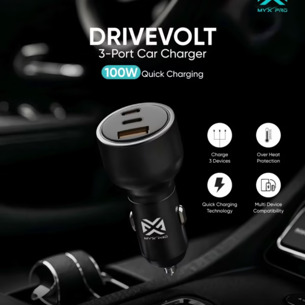 MYX PRO DRIVEVOLT 100W Car Charger – High‑Power Dual‑Port Fast Charging Adapter-Flash Zone Electronics فلاش زون للالكترونيات