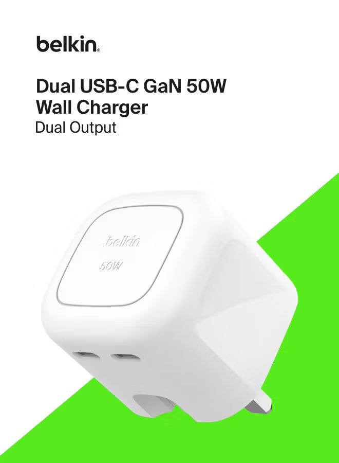 Belkin BoostCharge Pro Dual USB GaN Wall Charger 50W – Foldable Pins-Flash Zone Electronics فلاش زون للالكترونيات