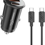 Porodo Blue Dual Port 30W Car Charger with USB-C to USB-C Cable – USB-A & USB-C Ports, 15W Shared Output, Black-Flash Zone Electronics فلاش زون للالكترونيات