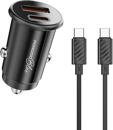 Porodo Blue Dual Port 30W Car Charger with USB-C to USB-C Cable – USB-A & USB-C Ports, 15W Shared Output, Black-Flash Zone Electronics فلاش زون للالكترونيات