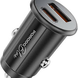 Porodo Blue Dual Port 30W Car Charger with USB-C to USB-C Cable – USB-A & USB-C Ports, 15W Shared Output, Black-Flash Zone Electronics فلاش زون للالكترونيات