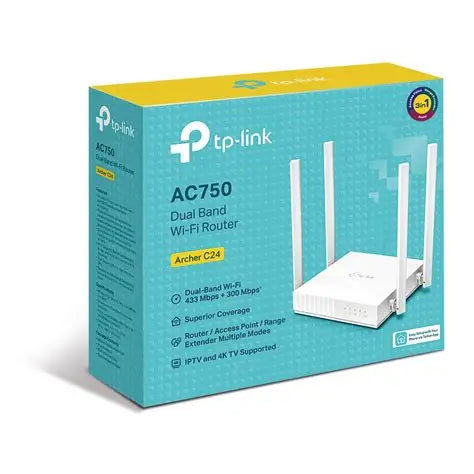 TP‑Link AC750 Dual Band Wi‑Fi Router Archer C24 – AC750 Dual‑Band Wireless Router (2.4 GHz & 5 GHz) with 4 Antennas & Multi‑Mode Support-Flash Zone Electronics فلاش زون للالكترونيات