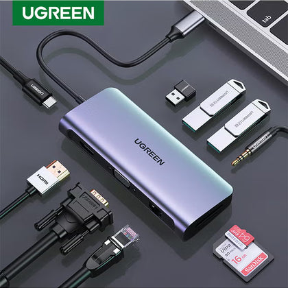 UGREEN 10‑in‑1 USB‑C Hub Adapter – HDMI, VGA, Ethernet & Multifunction USB‑C Adapter (4K @ 30 Hz)-Flash Zone Electronics فلاش زون للالكترونيات
