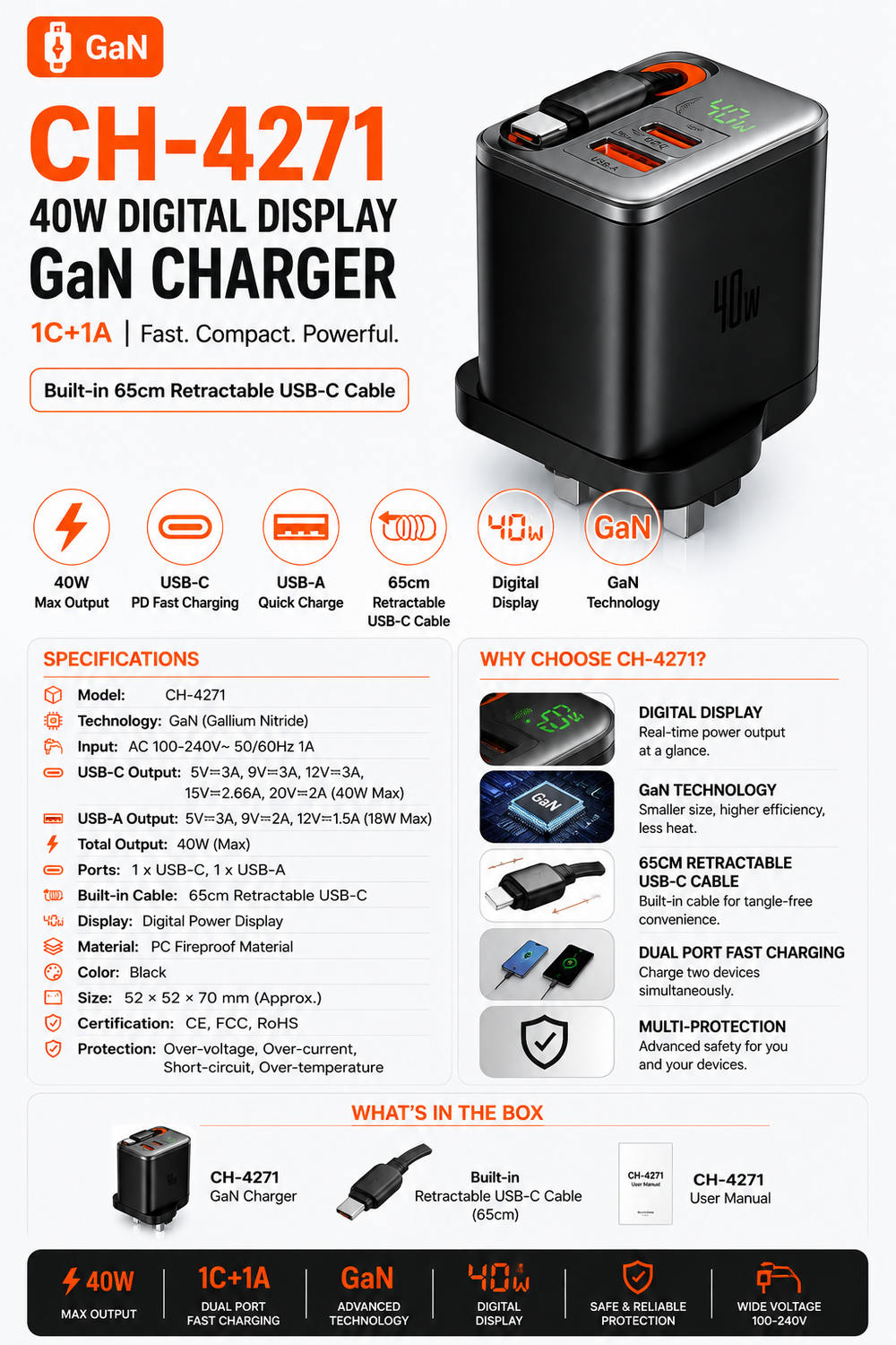 Mcdodo CH-4271 40W GaN Fast Charger with Digital Display & Built-in 65cm Retractable USB-C Cable (USB-C + USB-A)-Flash Zone Electronics فلاش زون للالكترونيات