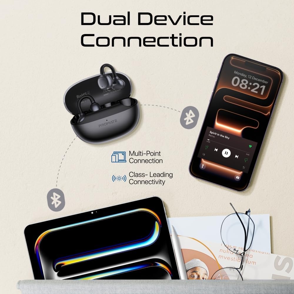 Promate AirClip-Pro AudioFit™ Open-Ear True Wireless Stereo Earbuds with IntelliTouch-Flash Zone Electronics فلاش زون للالكترونيات