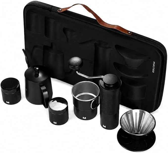 Macnoa MacRoam BrewBag Portable Coffee Travel Kit with Manual Burr Grinder, Pour-Over Dripper, Kettle, Glass Server & Travel Case-Flash Zone Electronics فلاش زون للالكترونيات