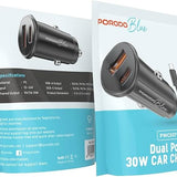 Porodo Blue Dual Port 30W Car Charger with USB-C to USB-C Cable – USB-A & USB-C Ports, 15W Shared Output, Black-Flash Zone Electronics فلاش زون للالكترونيات