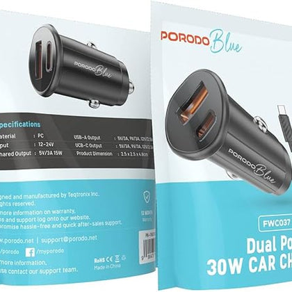 Porodo Blue Dual Port 30W Car Charger with USB-C to USB-C Cable – USB-A & USB-C Ports, 15W Shared Output, Black-Flash Zone Electronics فلاش زون للالكترونيات