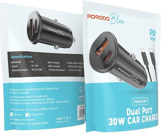 Porodo Blue Dual Port 30W Car Charger with USB-C to USB-C Cable – USB-A & USB-C Ports, 15W Shared Output, Black-Flash Zone Electronics فلاش زون للالكترونيات