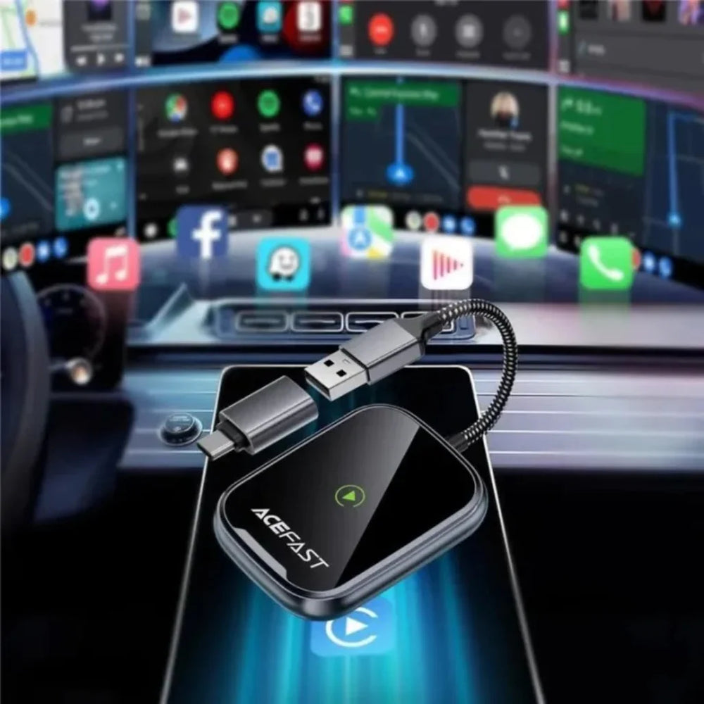 ACEFAST Wireless CarPlay & Android Auto Adapter with USB-A to USB-C Converter | Plug & Play Wireless Car Adapter for Cars with Wired CarPlay-Flash Zone Electronics فلاش زون للالكترونيات