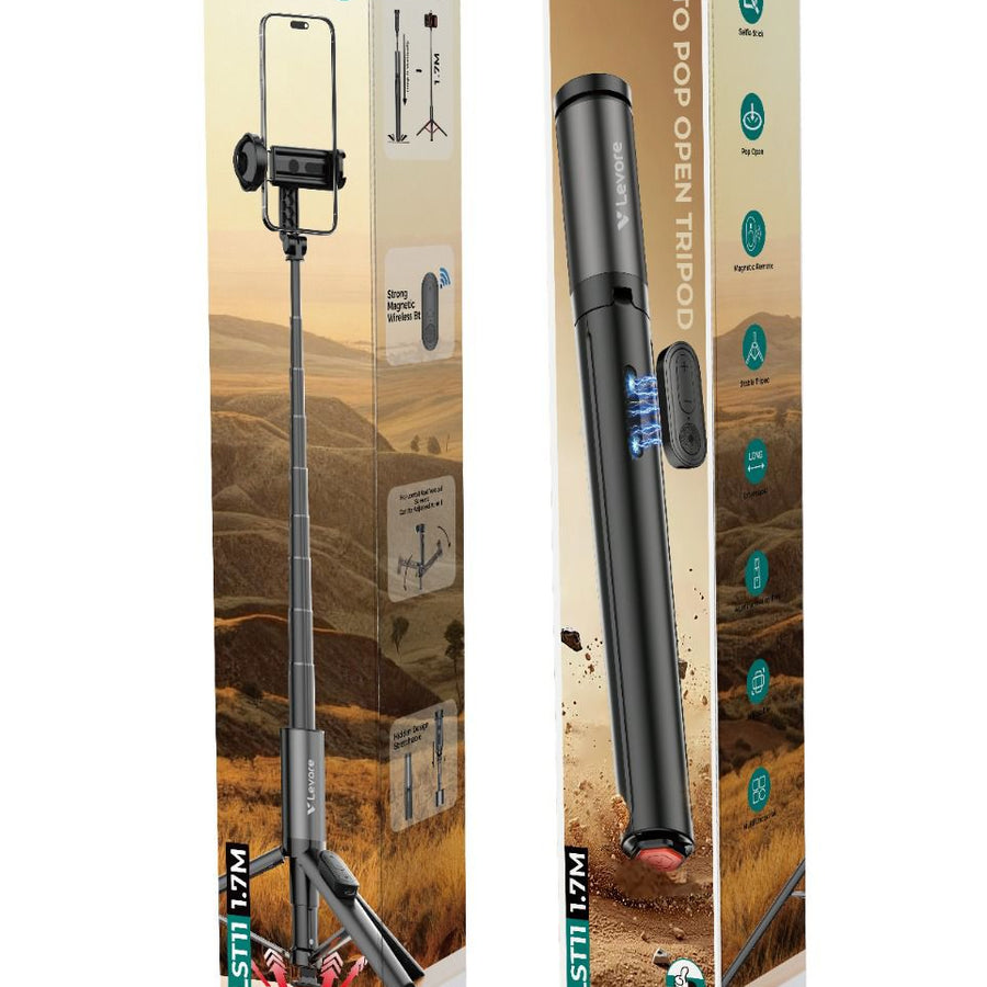 Levore Auto Pop Open Tripod Selfie Stick – 1.7M Extendable, Magnetic Wireless Remote, Stable Phone Holder-Flash Zone Electronics فلاش زون للالكترونيات