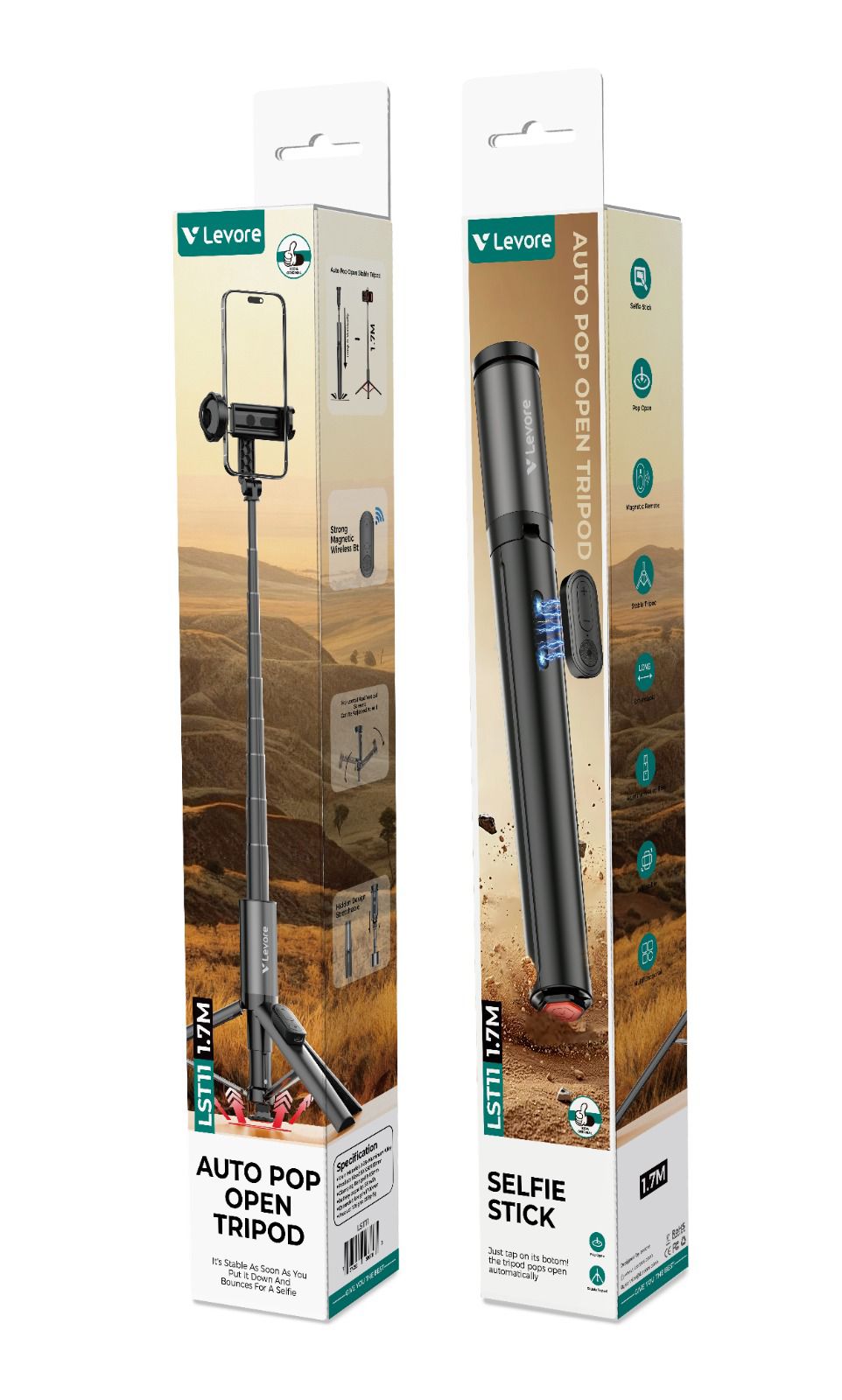 Levore Auto Pop Open Tripod Selfie Stick – 1.7M Extendable, Magnetic Wireless Remote, Stable Phone Holder-Flash Zone Electronics فلاش زون للالكترونيات