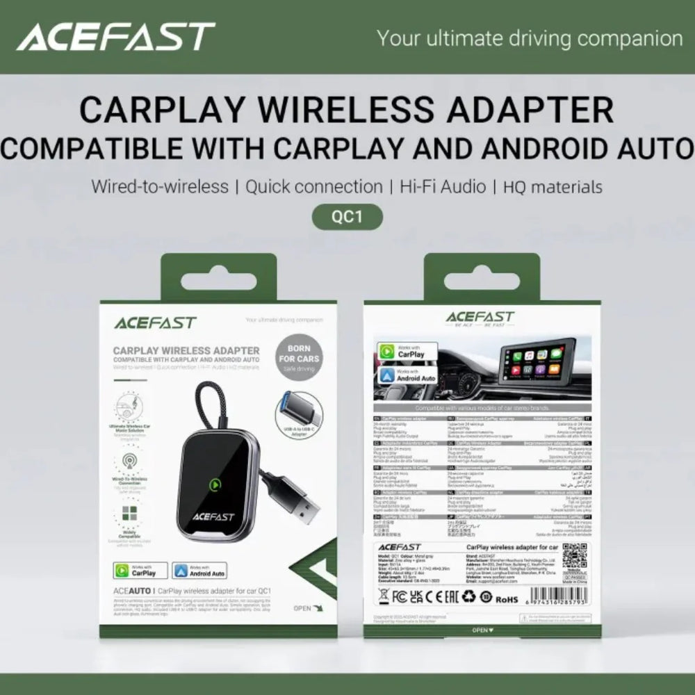 ACEFAST Wireless CarPlay & Android Auto Adapter with USB-A to USB-C Converter | Plug & Play Wireless Car Adapter for Cars with Wired CarPlay-Flash Zone Electronics فلاش زون للالكترونيات