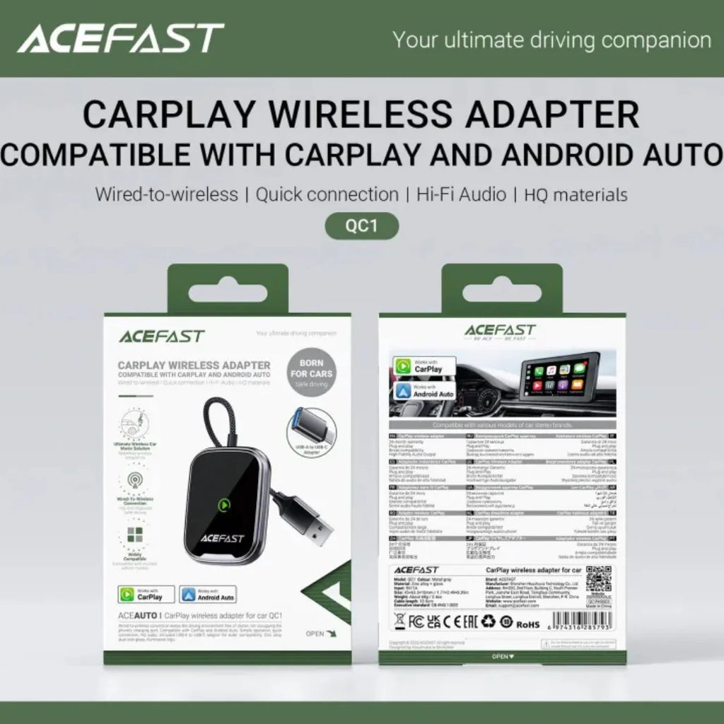 ACEFAST Wireless CarPlay & Android Auto Adapter with USB-A to USB-C Converter | Plug & Play Wireless Car Adapter for Cars with Wired CarPlay-Flash Zone Electronics فلاش زون للالكترونيات