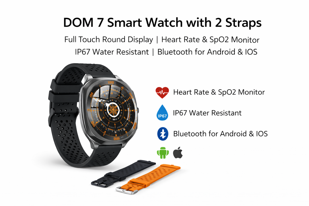 DOM 7 Smart Watch with 2 Straps – Full Touch Round Display | Heart Rate & SpO2 Monitor | IP67 Water Resistant | Bluetooth Smartwatch for Android & iOS-Flash Zone Electronics فلاش زون للالكترونيات