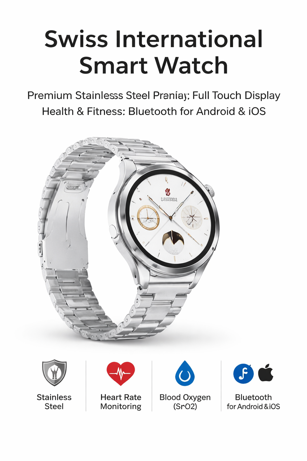 Swiss International Smart Watch – Premium Stainless Steel Design | Full Touch Display | Health & Fitness Tracker | Bluetooth for Android & iOS-Flash Zone Electronics فلاش زون للالكترونيات
