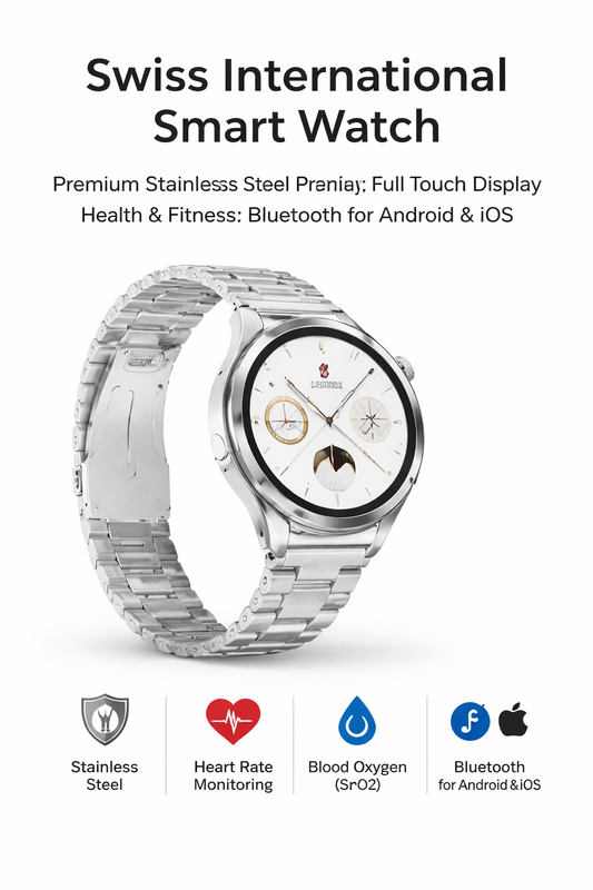 Swiss International Smart Watch – Premium Stainless Steel Design | Full Touch Display | Health & Fitness Tracker | Bluetooth for Android & iOS-Flash Zone Electronics فلاش زون للالكترونيات