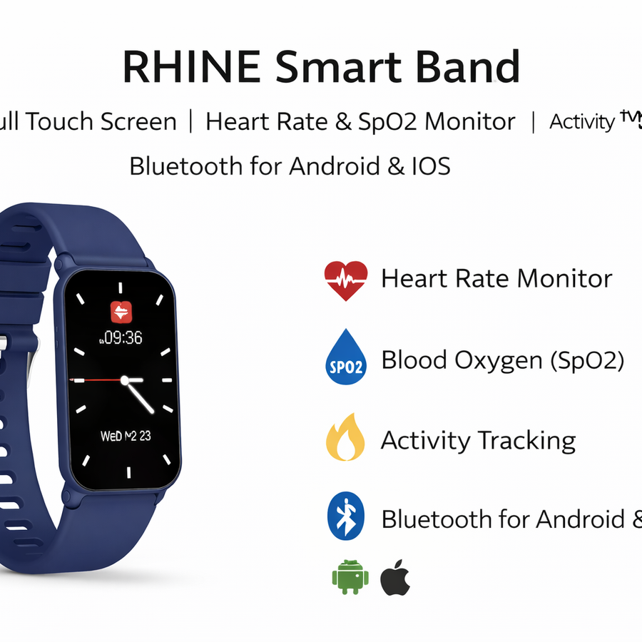 RHINE Smart Band – Full Touch Fitness Tracker | Heart Rate & SpO2 Monitor | Activity Tracking | Bluetooth for Android & iOS-Flash Zone Electronics فلاش زون للالكترونيات