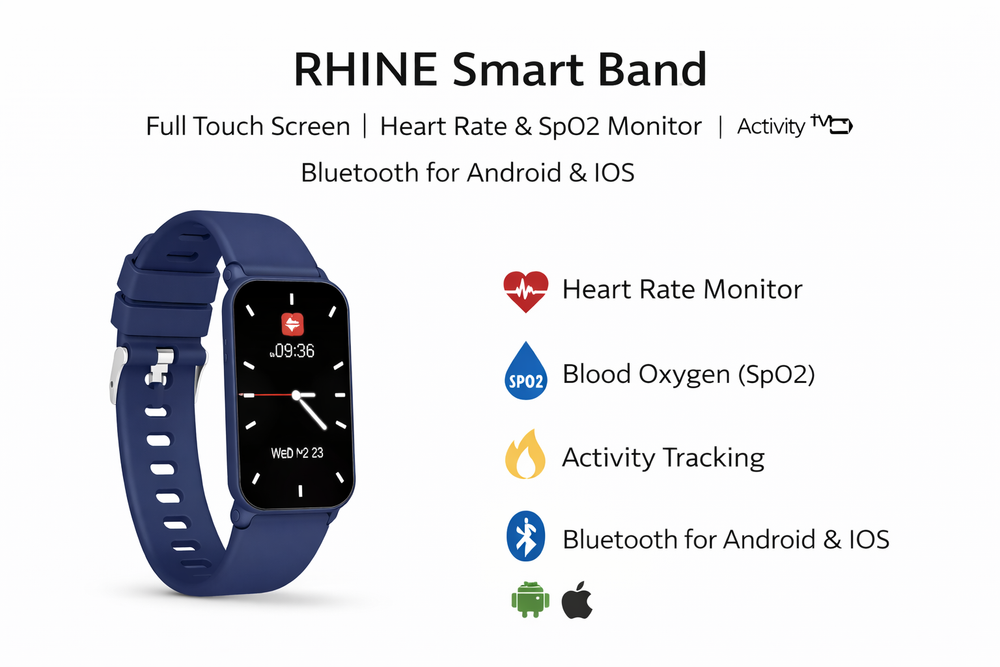 RHINE Smart Band – Full Touch Fitness Tracker | Heart Rate & SpO2 Monitor | Activity Tracking | Bluetooth for Android & iOS-Flash Zone Electronics فلاش زون للالكترونيات