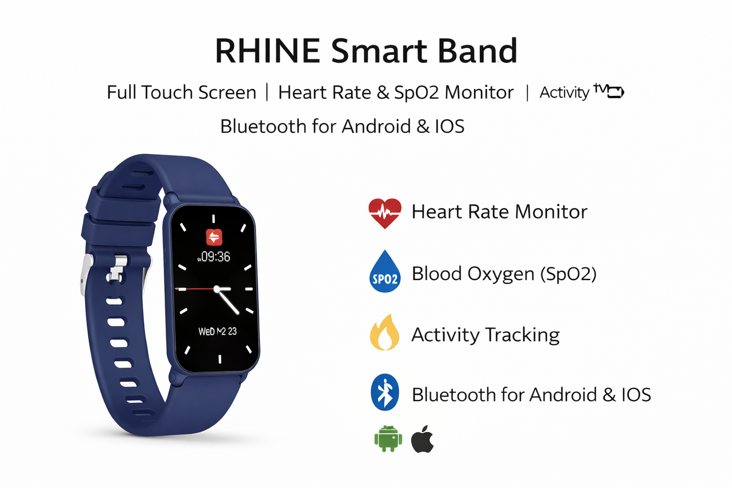 RHINE Smart Band – Full Touch Fitness Tracker | Heart Rate & SpO2 Monitor | Activity Tracking | Bluetooth for Android & iOS-Flash Zone Electronics فلاش زون للالكترونيات