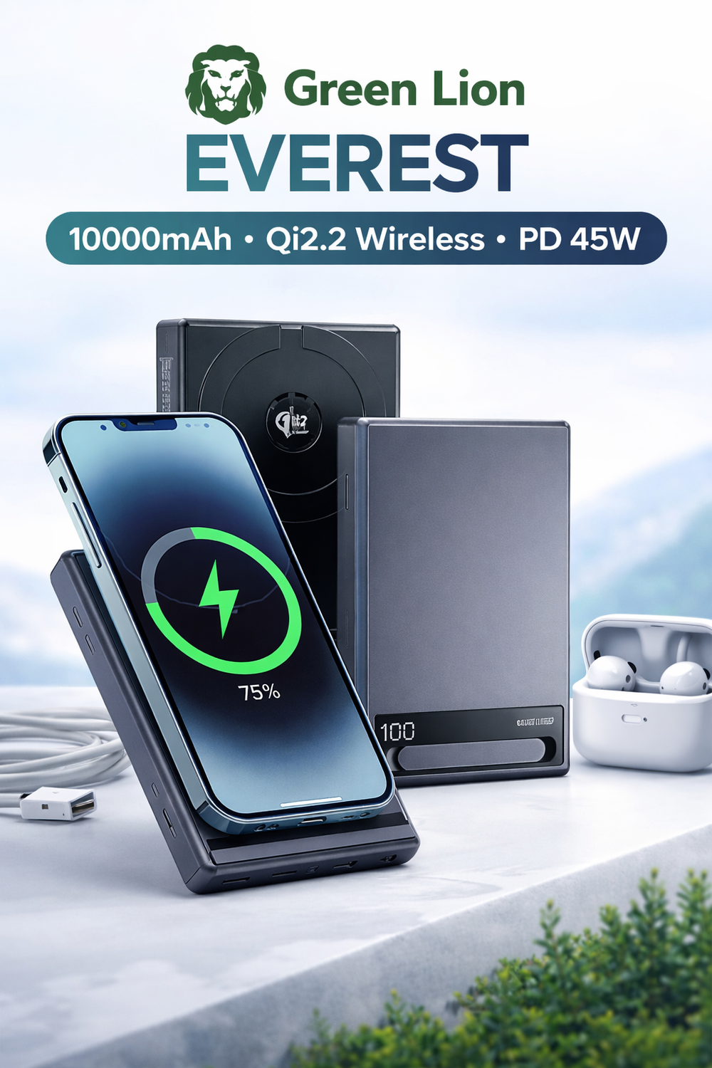 Green Lion Everest 10000mAh Qi2.2 Wireless Power Bank PD 45W-Flash Zone Electronics فلاش زون للالكترونيات