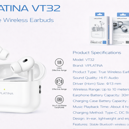 VIPLATINA VT32 Hi-Fi True Wireless Earbuds-Flash Zone Electronics فلاش زون للالكترونيات