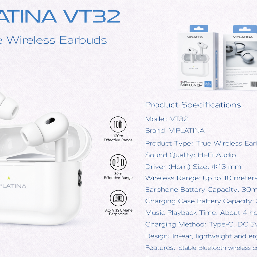VIPLATINA VT32 Hi-Fi True Wireless Earbuds-Flash Zone Electronics فلاش زون للالكترونيات