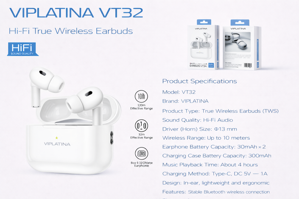 VIPLATINA VT32 Hi-Fi True Wireless Earbuds-Flash Zone Electronics فلاش زون للالكترونيات