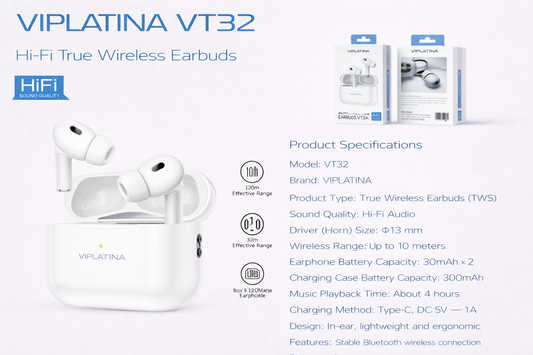 VIPLATINA VT32 Hi-Fi True Wireless Earbuds-Flash Zone Electronics فلاش زون للالكترونيات