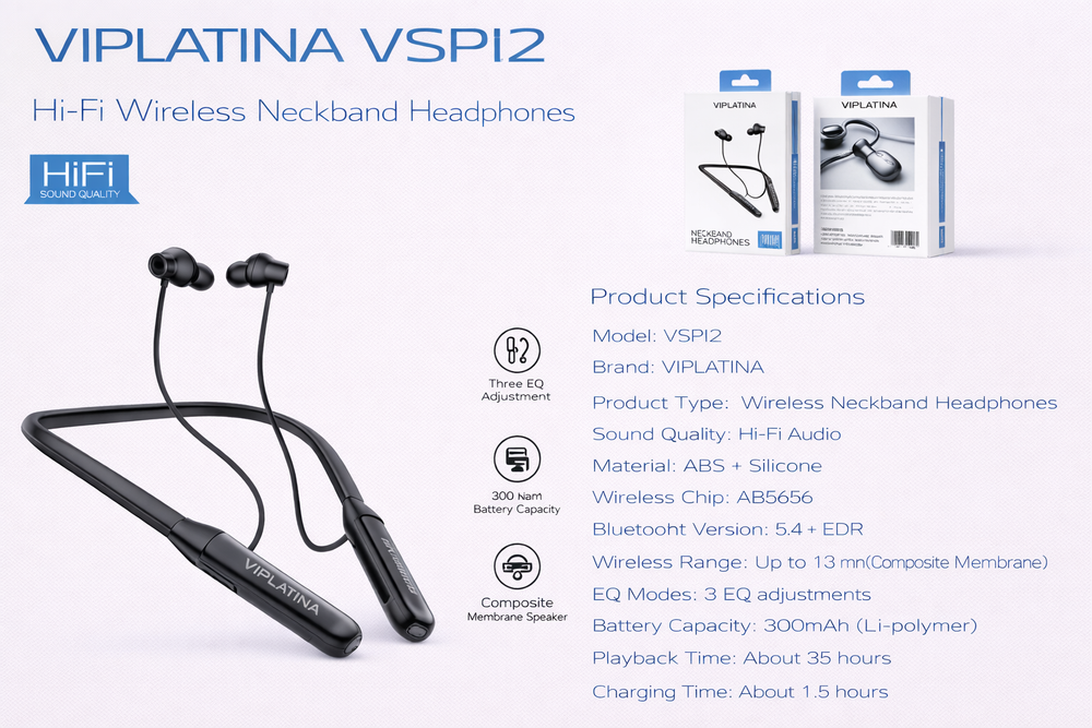 VIPLATINA VSPI2 Hi-Fi Wireless Neckband Headphones-Flash Zone Electronics فلاش زون للالكترونيات