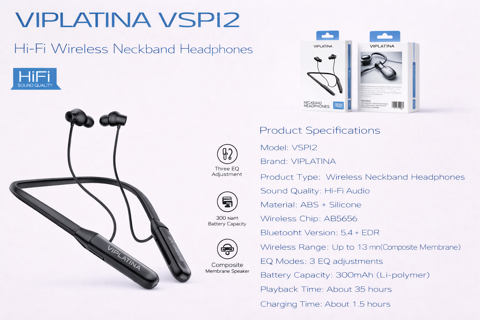 VIPLATINA VSPI2 Hi-Fi Wireless Neckband Headphones-Flash Zone Electronics فلاش زون للالكترونيات