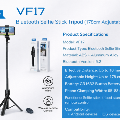 VF17 Bluetooth Selfie Stick Tripod (178cm Adjustable Height)-Flash Zone Electronics فلاش زون للالكترونيات