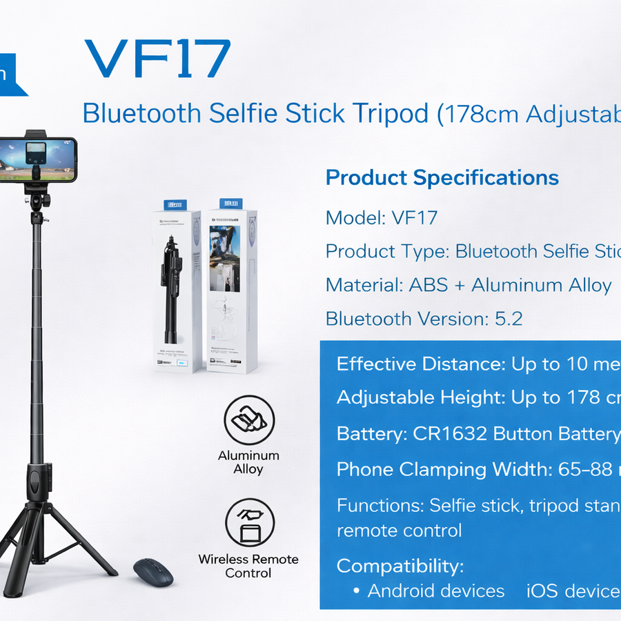 VF17 Bluetooth Selfie Stick Tripod (178cm Adjustable Height)-Flash Zone Electronics فلاش زون للالكترونيات