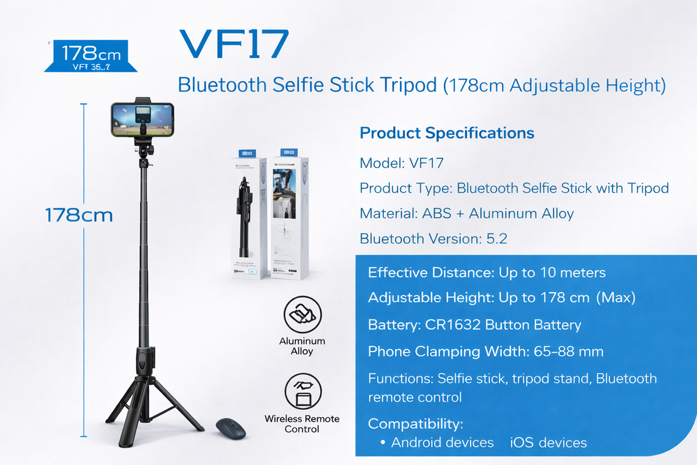 VF17 Bluetooth Selfie Stick Tripod (178cm Adjustable Height)-Flash Zone Electronics فلاش زون للالكترونيات