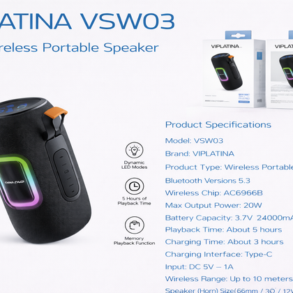 VIPLATINA VSW03 20W Wireless Portable Speaker-Flash Zone Electronics فلاش زون للالكترونيات