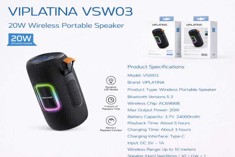 VIPLATINA VSW03 20W Wireless Portable Speaker-Flash Zone Electronics فلاش زون للالكترونيات