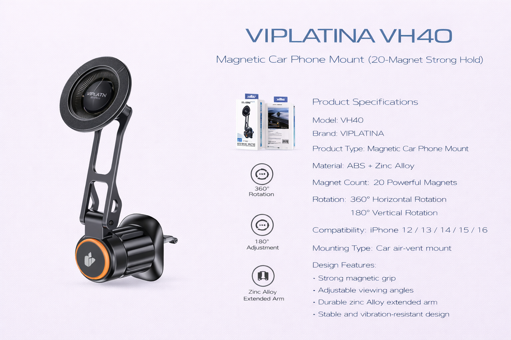 VIPLATINA VH40 Magnetic Car Phone Mount (20-Magnet Strong Hold)-Flash Zone Electronics فلاش زون للالكترونيات