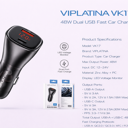 VIPLATINA VK17 48W Dual USB Fast Car Charger-Flash Zone Electronics فلاش زون للالكترونيات