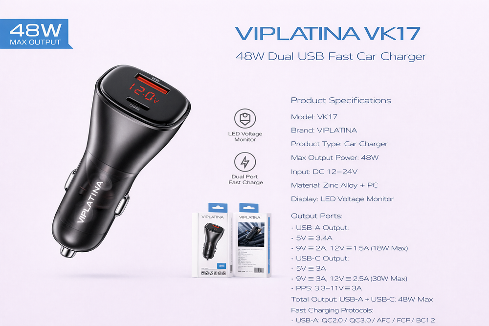 VIPLATINA VK17 48W Dual USB Fast Car Charger-Flash Zone Electronics فلاش زون للالكترونيات