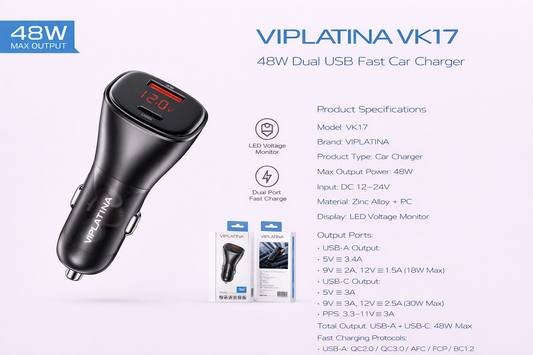 VIPLATINA VK17 48W Dual USB Fast Car Charger-Flash Zone Electronics فلاش زون للالكترونيات