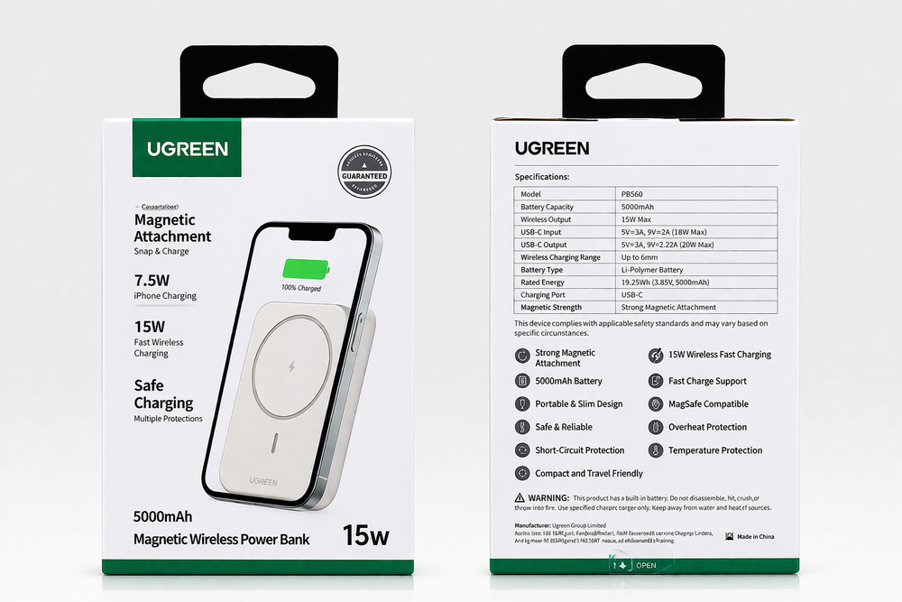 UGREEN PB560 Magnetic Wireless Power Bank 5000mAh – 15W Wireless Fast Charging MagSafe Compatible Portable Charger-Flash Zone Electronics فلاش زون للالكترونيات